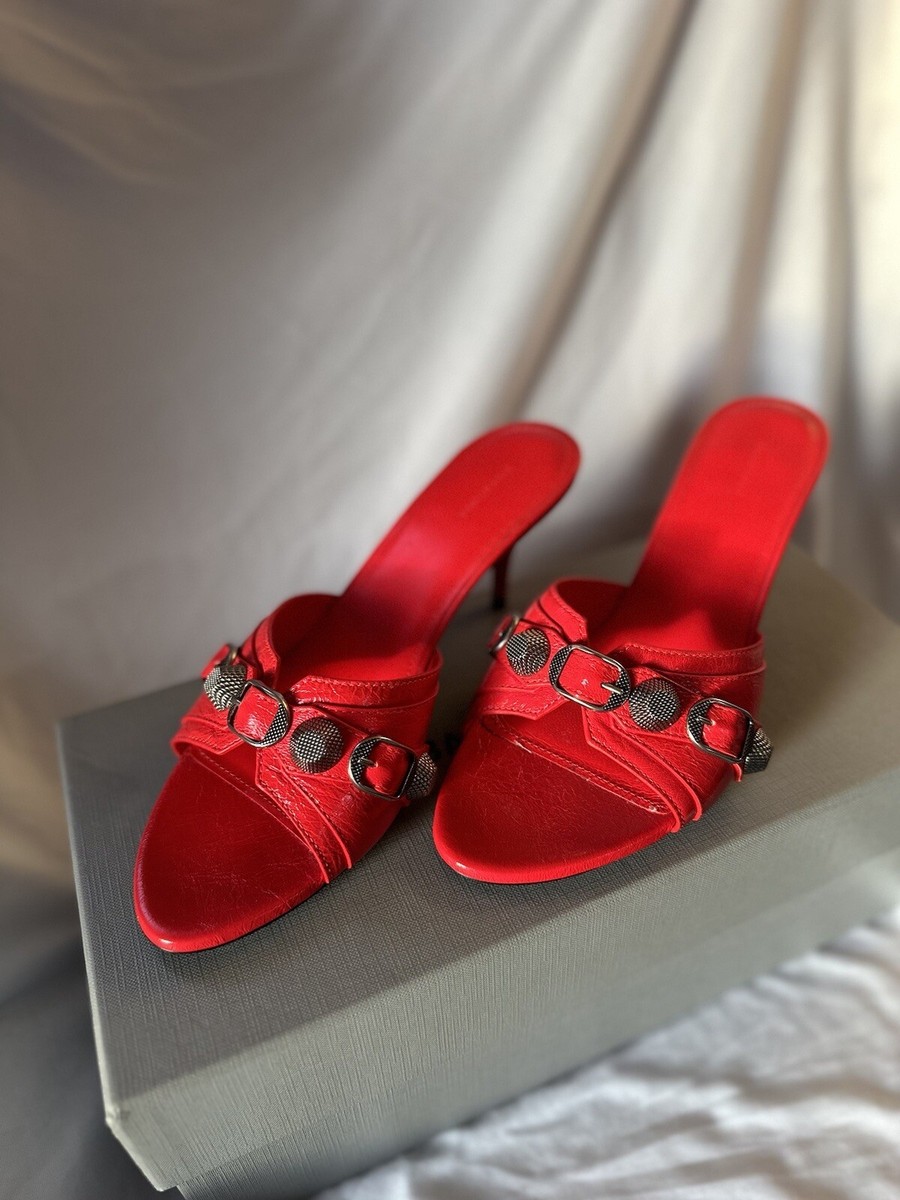 BALENCIAGA Cagole Studded Buckled Mules Heel Sandals Shoes In
