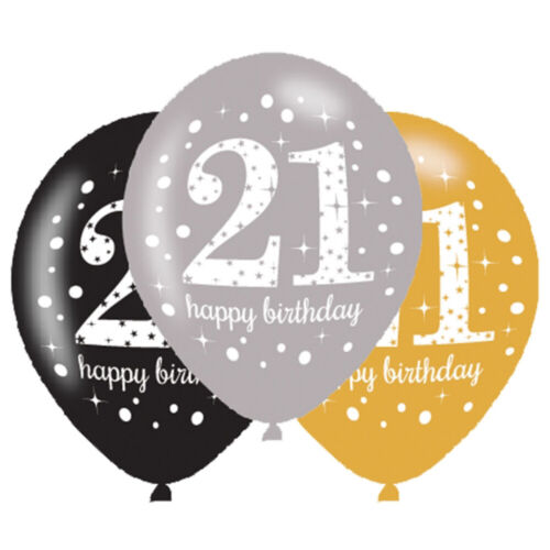 6 x 21 globos de cumpleaños negro plateado oro decoración de fiesta edad 21 globos - Imagen 2 de 2