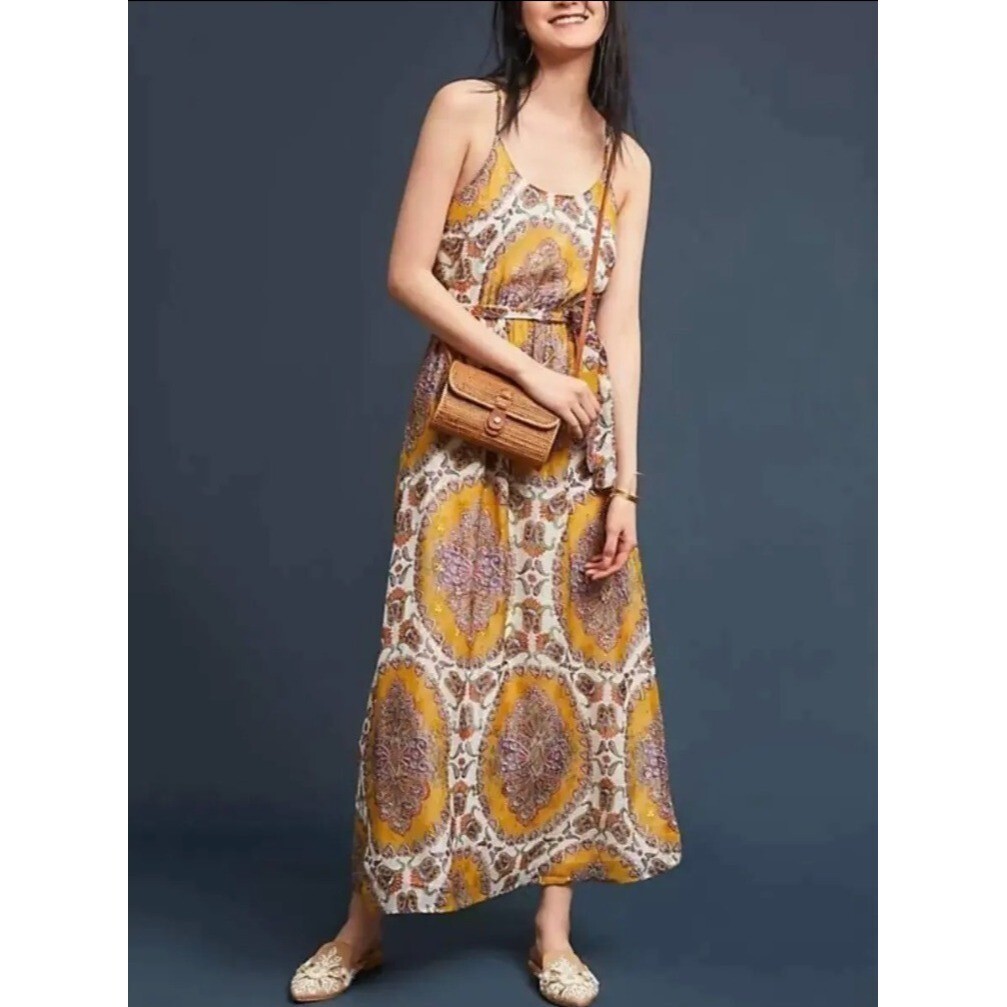 【美品】6枚セット Anthropologie Fleur De Lys Anthropologie Dress Large Womens Yellow Maxi Halter Neck