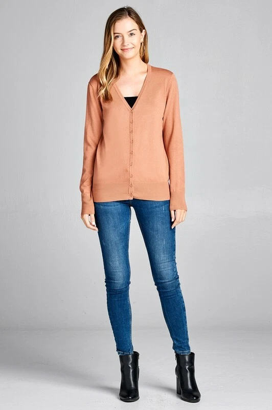 Tan Beige V Neck Button Down Long Sleeve Soft Stretch Light Sweater Cardigan - Image 3 of 3