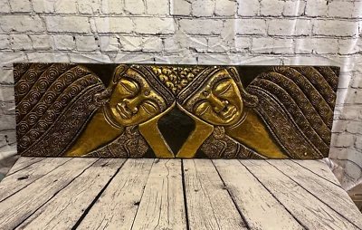 100cm x 30cm Buddha 2 Faces Gold Wooden Wood Panel Wall Art Plaque Handcarved - Image 1 of 4