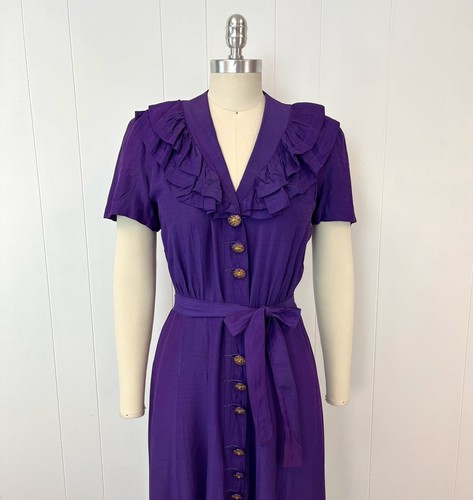 1940s Purple Spider Web Button Eisenberg & Sons Original Ruffle Collar Dress - Picture 2 of 24