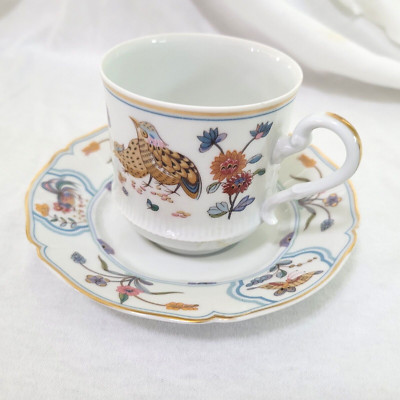LIMOGES Golden Quail (bird) w/Gold Leaf & French blue CUP & SAUCER Stunning!