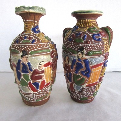 2 Small Antique Vintage Japanese Vases Raised Glaze Design