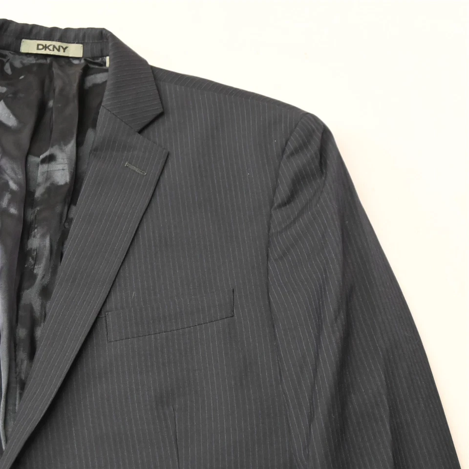 DKNY 44L 36x32 Navy Blue Pinstripe 100% Wool Mens Sport Coat Jacket Pants Suit - Image 2 of 4