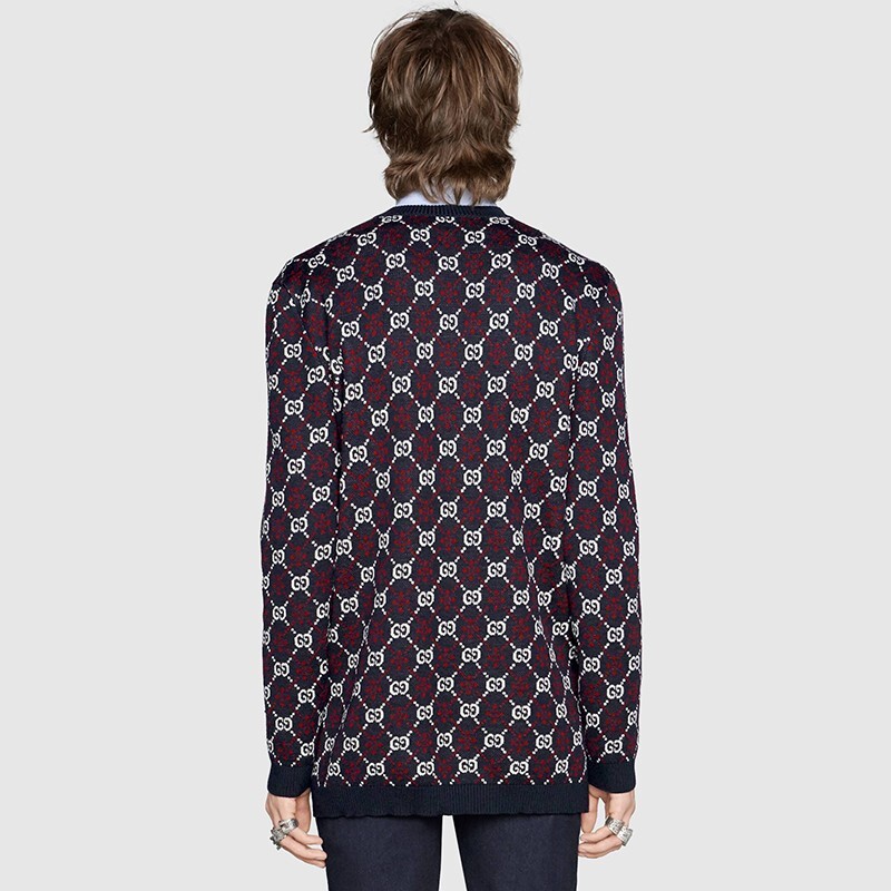 sz S NEW $1100 GUCCI Men's Blue RED WHITE GG LOGO V Neck