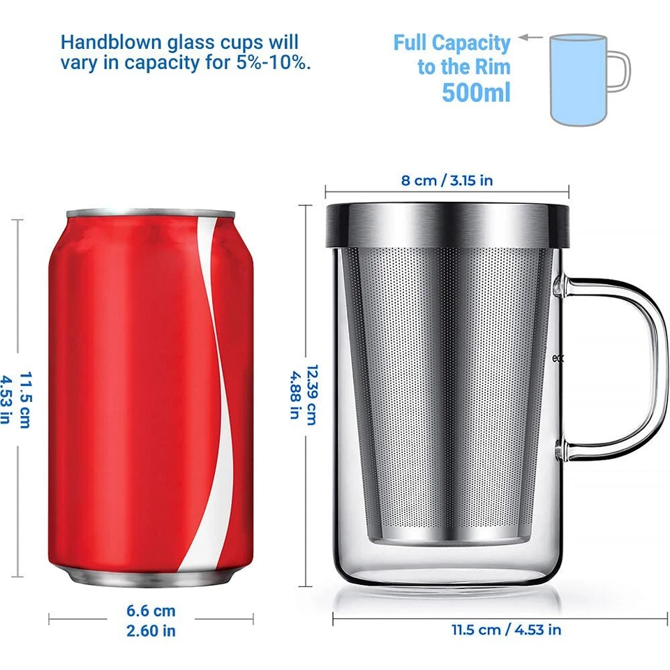 Taza de té de vidrio borosilicato de 16,9 oz taza vasos de té, infusor de acero inoxidable y... Foto 2 de 4