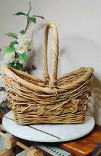 Vintage 1970s Sturdy Handwoven Oval Willow Wicker Basket with Twisted Handle 12