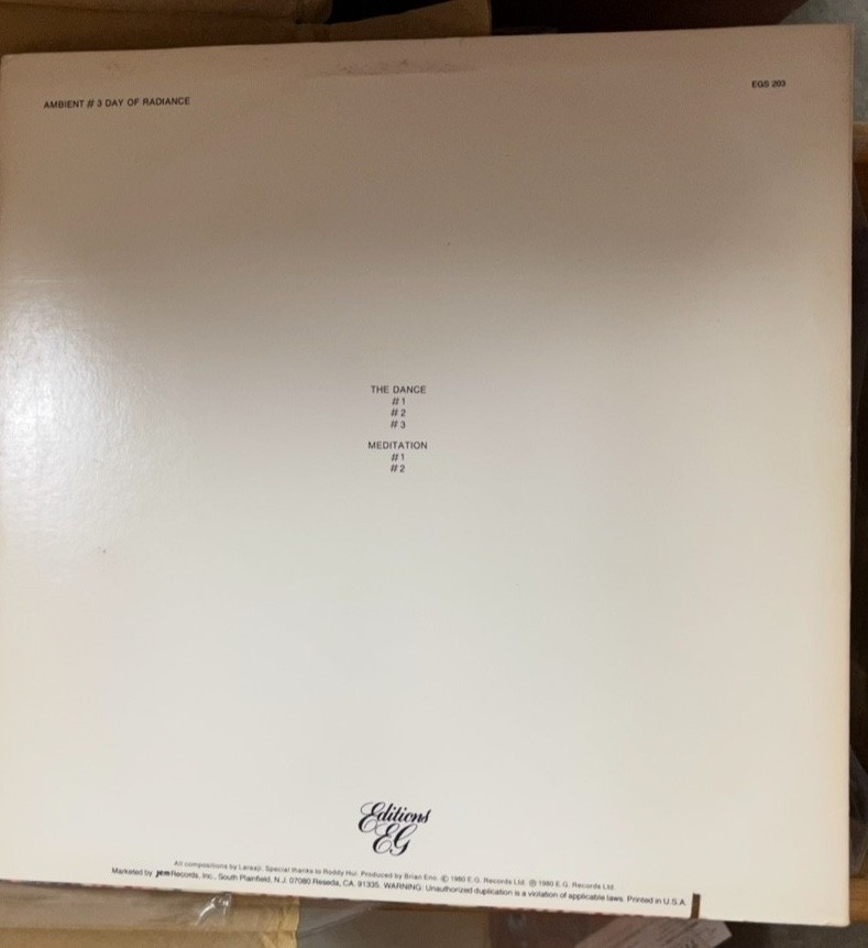 LARAAJI - AMBIENT 3: DAY OF RADIANCE - ORIGINAL 1980 EG LP brian