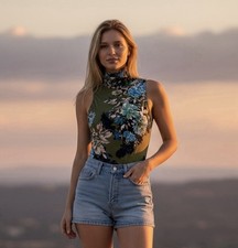 Free People Intimately Floral Turtleneck Bodysuit Olive Green Sz S NWOT