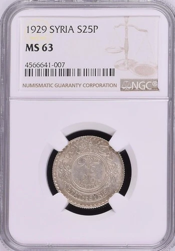 LEBANON - S Y R I E , SILVER 25 PIASTRES 1929 - NGC MS 63 , RARES