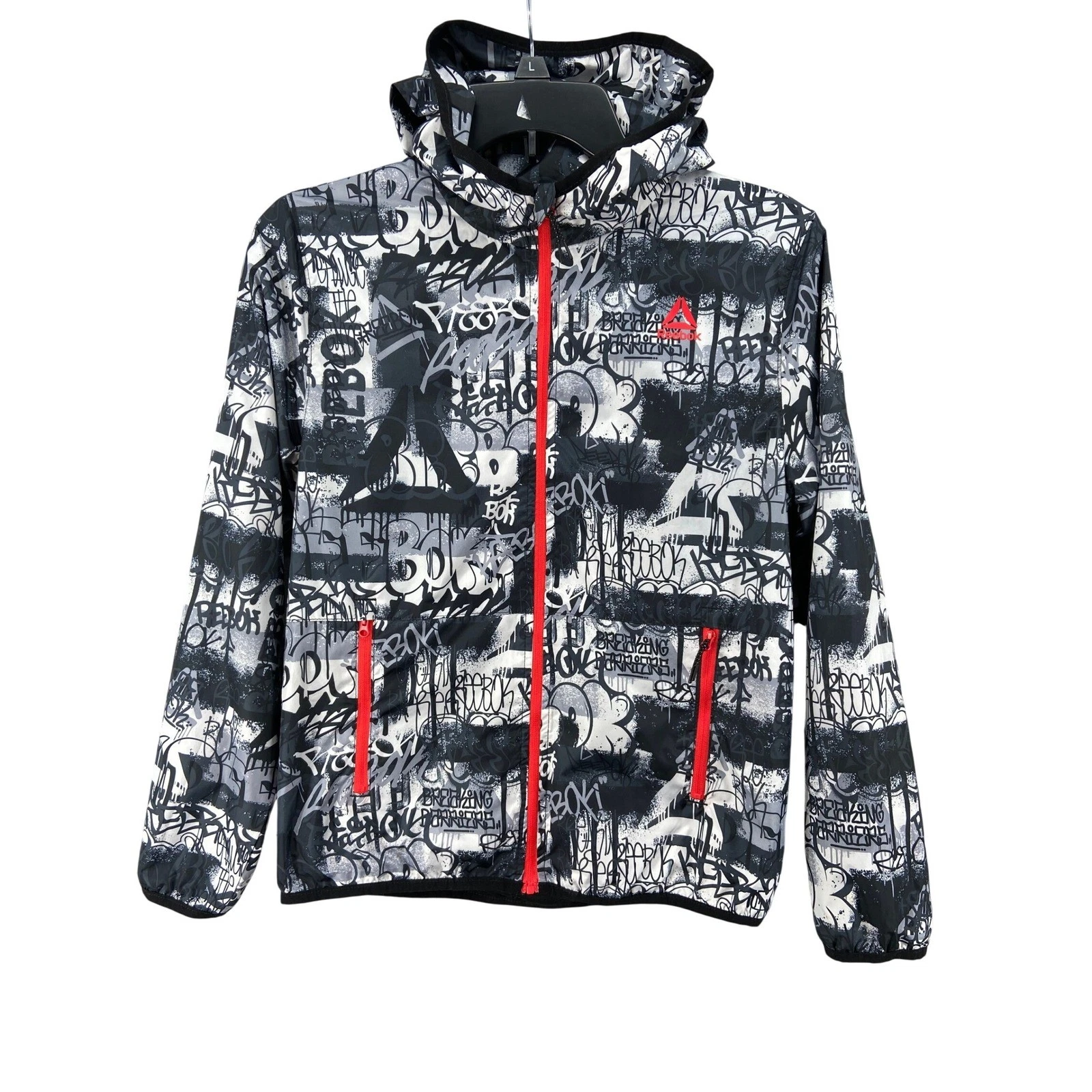 Reebok Jacket Sz 10 12 Kids Graffiti Print Hooded Lightweight Windbreaker