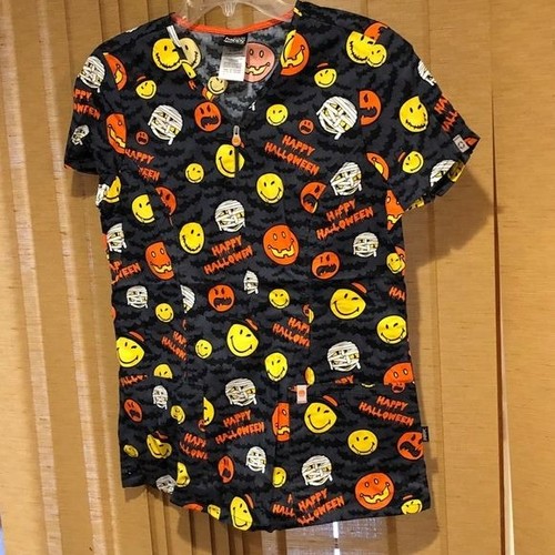 NWT Code Happy Uniforms Scrubs Top Halloween V-Neck Pockets Black S SMALL