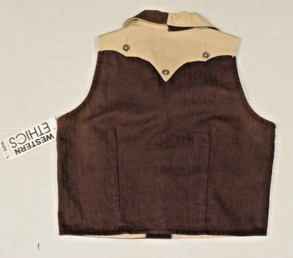 Chaleco Vintage Western Ethics Talla L Años 80 Marrón Beige Color Bloque Denim Nuevo Con Etiquetas Foto 2 de 4