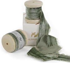 Sage Green Crinkled Silk Velvet Ribbon, 1" Wide X 12 Foot Long, Frayed Edges, Pe