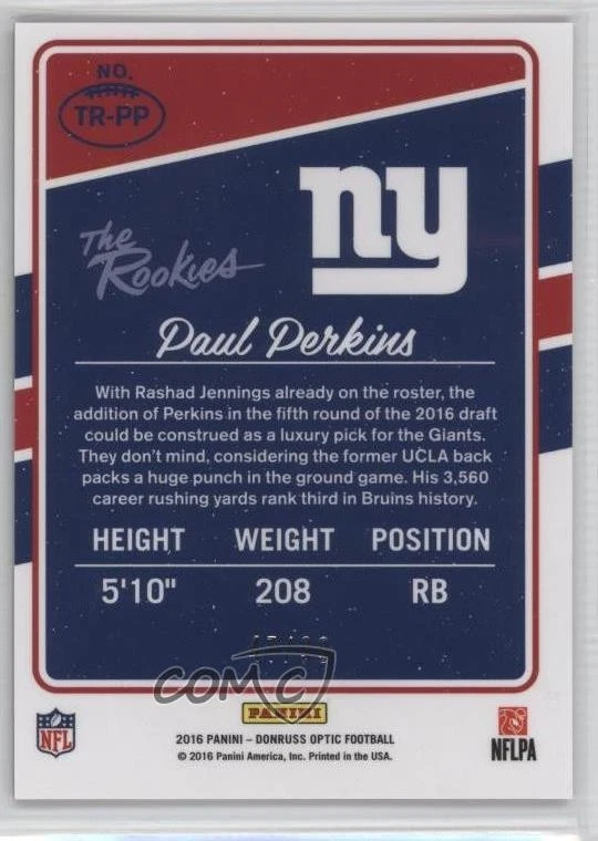 2016 Donruss Optic The Rookies Red /99 Paul Perkins #TR-PP RC - Image 2 of 2