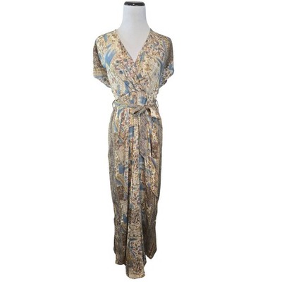 White Waves Blue Tan Floral Paisley Patchwork Wide Leg Open Back Jumpsuit Pocket