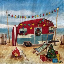 2 luncheon paper napkins for decoupage Camping at the sea Caravan Trailer