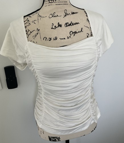 Elodie Damen XL WEISS gerafftes Kurzarm Oberteil Bluse eckiger Ausschnitt Neu mit Etikett