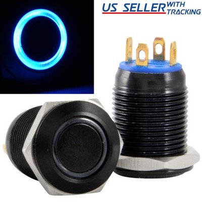 12mm Black Stainless Steel Momentary Push Button Switch Blue LED