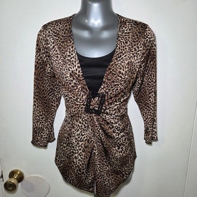 Brittany Black Women's Leopard Print Ruched Top L Sparkle Sequin Buckle Y2K