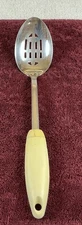 Vtg Pyrex Accessories Stainless Steel Slotted Serving Spoon Almond Handle *READ*