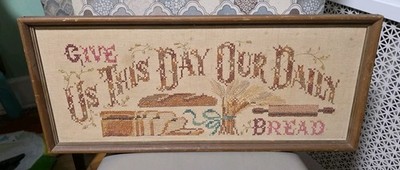 Vintage Needlepoint Wall Art Give Us This Day Our Daily Bread Framed Cottagecore