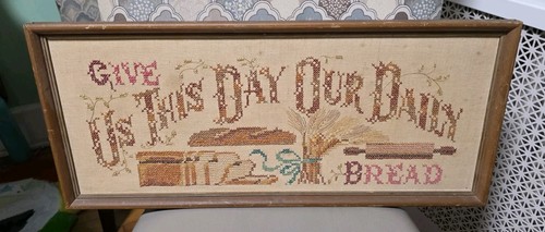 Vintage Needlepoint Wall Art Give Us This Day Our Daily Bread Framed Cottagecore