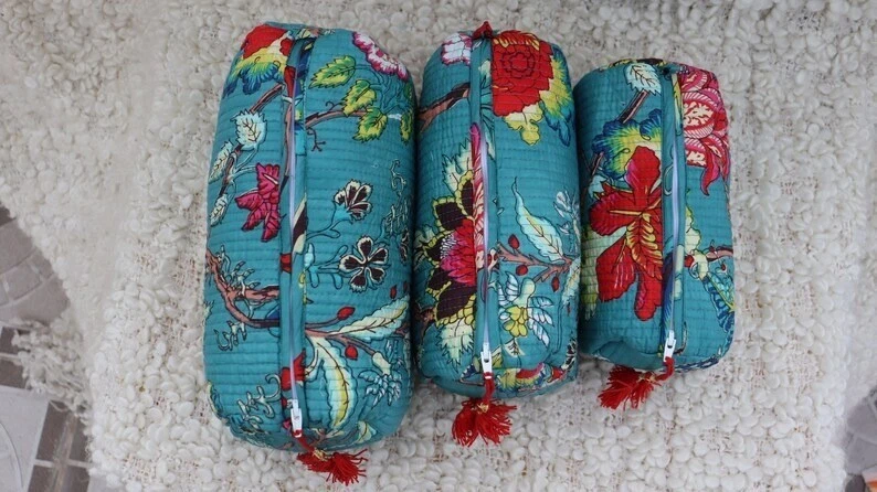 Indian Green Floral Printed Toiletry Bag Unisex Makeup Bag Waterproof 3 Pcs. Set