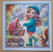 3D-Grusskarte °Mädchen mit Puppenwagen° Geburtstag Handarbeit NEU