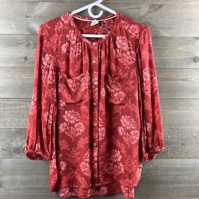 Anthropologie Akemi + Kin Womens Shirt 3/4 Sleeve Button Up Floral Red Medium