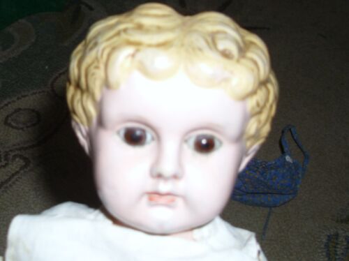 ANTIQUE GERMAN MINERVA TIN HEAD DOLL LEATHER BODY GLASS EYES 16" - Picture 3 of 6