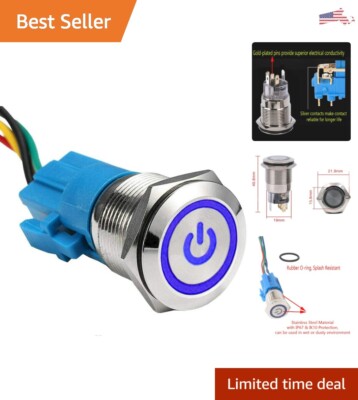 Stainless Steel 19mm 12V 5A Blue LED Push Button Toggle - Waterproof IP65 Car