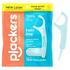PLACKERS Twin-Line Dental Floss Flossers Cool Mint 150 Count Pack Resealable Bag