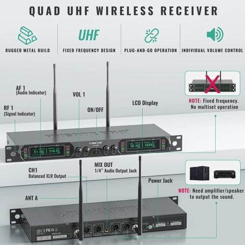 Wireless Microphone System 4Channel UHF Wireless Mic Fixed Frequency CordlessMic - Picture 2 of 5