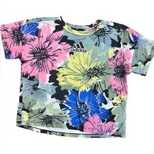 Adidas Floral Crop Top Loose Fit T Shirt Girls Size L Large 14 Colorful Hibiscus