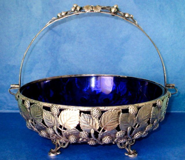 Berndorf Austria Antique Art Nouveau SP Bridal Basket Cobalt Blue Glass ca. 1880