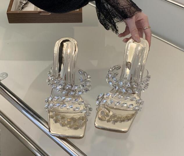 PANTOFOLA D’ORO Pantofole donna moda estate punta aperta diamante PVC sexy décolleté festa tacchi alti