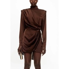 Ronny Kobo Brown Ruched Satin Mockneck Mini Dress XL Cocktail Chic Designer $600