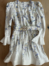 Zimmermann Floral Bird Linen Ruffle Long Sleeve Belted Mini A-Line Dress