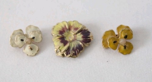 3 Vintage Small Enameled Gold Tone Pansy Flowers