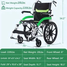LIGHTEST Folding  Travel Wheelchair for Adults Support 220Lbs  Lightweight 27lbs
