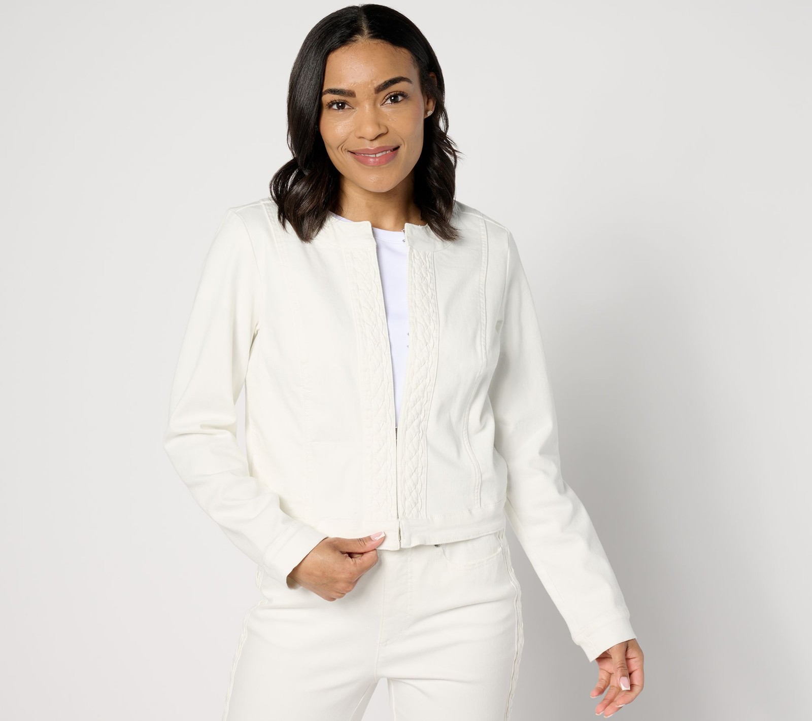 Isaac Mizrahi Live! Women's Jacket Sz L True Denim Crop w Braided White A631952