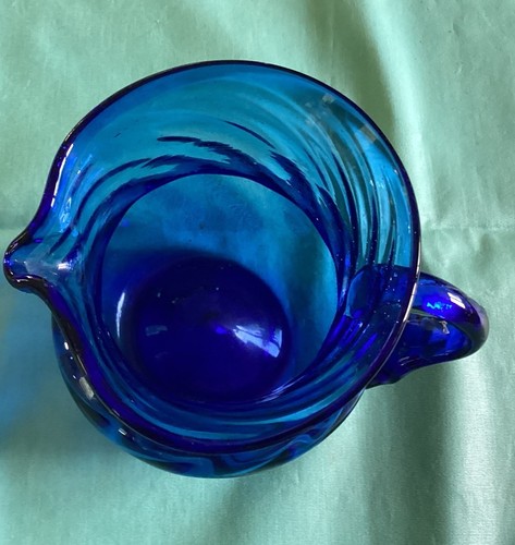 Cobalt Blue Handblown Handmade Glass Swirl Pitcher Creamer - Picture 2 of 4