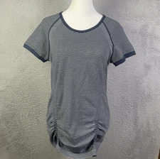 Athleta Fast Track Tee Womens Medium Blue Stripe Ruched Short Sleeve Active