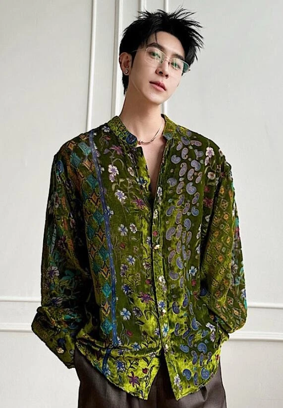Men Summer Lapel Long Sleeve Shirt Floral Velvet Buttons Retro Clothing Size