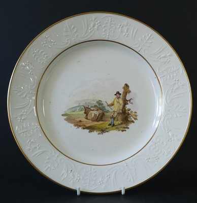 Englischer geformter Steingut Dessertteller, bemalt ländliches Leben Szene um 1810 #10