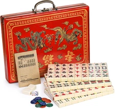 Chinese Mahjong Game Set with 146 Large Tiles(1.4", Ivory), 2 Dice and Red Carry