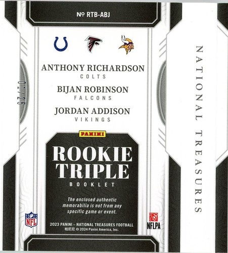 2023 National Treasures Rookie Triple Booklet 01/25 RICHARDSON ROBINSON ADDISON - Picture 7 of 8