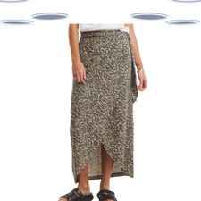 Ex Simply Be Women's Plus Size Linen Mix Wrap Midi Skirt - Brown Leopard